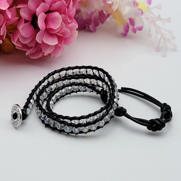 Victoria Emerson Black Leather Wrap Bracelet With Clear Crystal 16 Inch Adj. - Picture 1 of 6